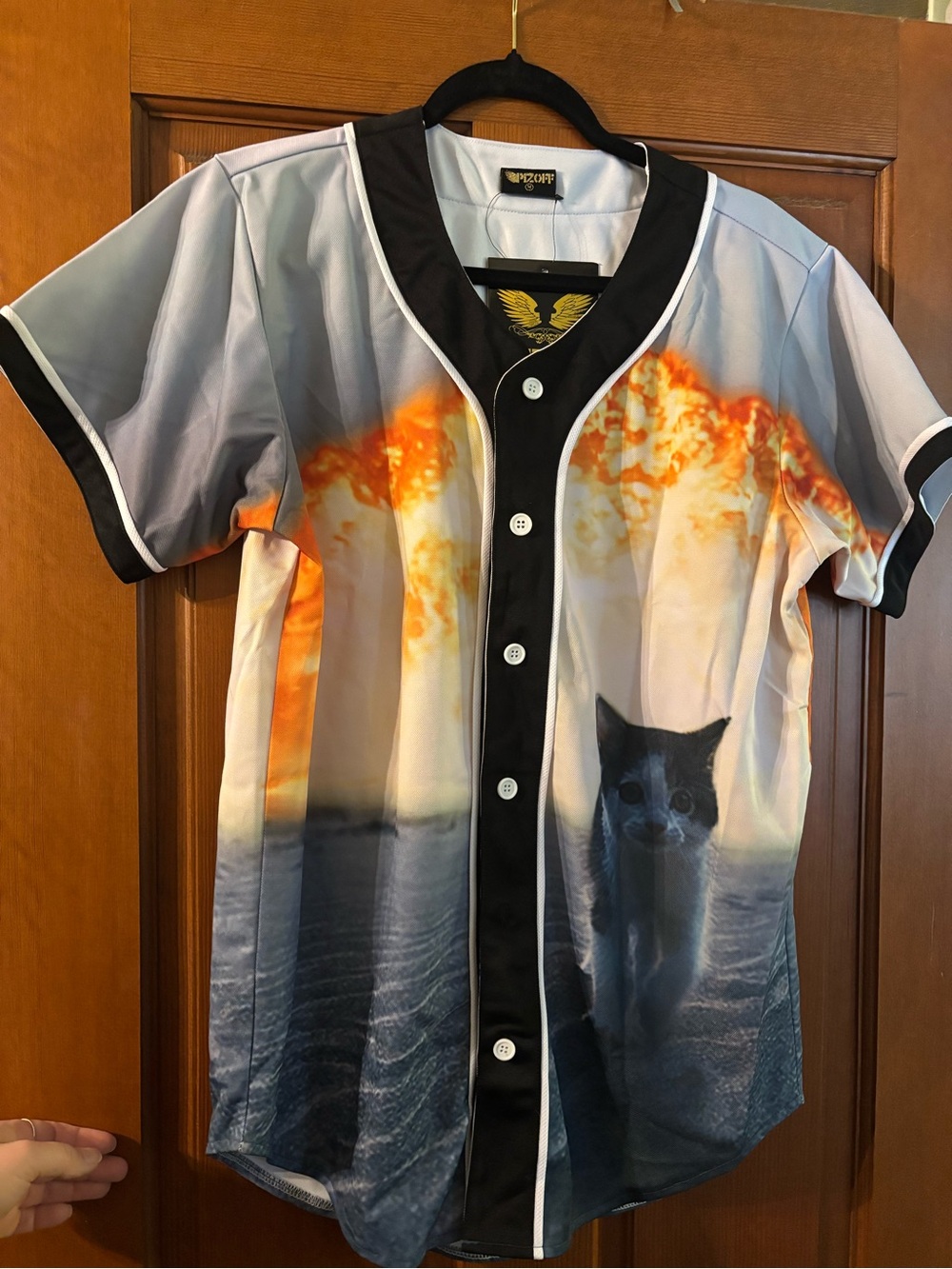 Graphic Cat & Explosion Print Baseball Jersey Shirt - Black Trim